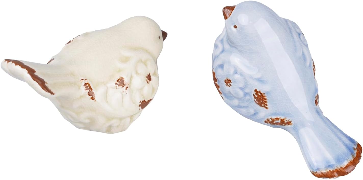 Distressed Ceramic Bird fgurines in Crackle Finish / Set of 2