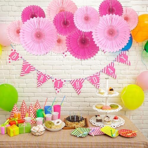 18 Pcs Pink Set Hanging Paper Fan, Hanging Honeycomb Round Paper Fans for Weddings, Birthdays, Baby Showers, Classroom, Events Ceiling Party Supplies Decorations
