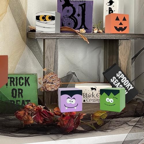 Halloween Wooden Table Sign - 4 Pcs Mummy Wooden Blocks Pumpkin Centerpieces for Table - Halloween Tiered Tray Decor for Home Decorations Indoor