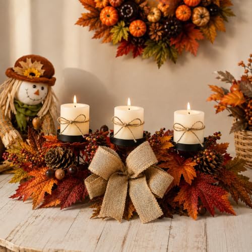 Fall Candle Holder Centerpiece with Maple Leaves, Pinecones, Berries & Burlap Bow,Thanksgiving Table Centerpiece Decoration for Dining Table, Mantel & Autumn Harvest Home Décor