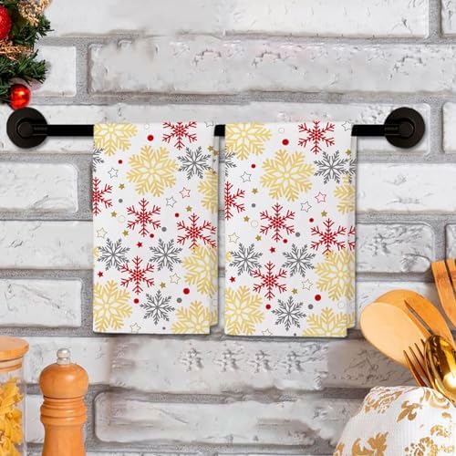JOOCAR Snwoflake Kitchen Towels Christmas Kitchen Decor Dish Towels Set of 2, 16x27 Inch Seasonal Drying Dishcloth, Gold White Red Snowflake Decoration Hand Towels