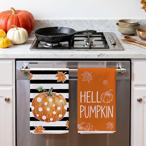 Bonsai Tree Fall Kitchen Towels, Pumpkin Fall Decor, Stripe Hand Towels