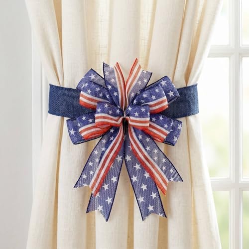 Patriotic Bow for Wreath, 9.4 x 11.8 Inch Red White and Blue with Stars and Stripes Wired Ribbon, Handmade 4th of July Mailbox Bow for Memorial Day Veterans Day Decor