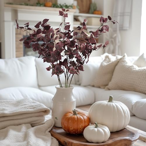 HyeFlora 5PCS Artificial Fall Eucalyptus Leaves Stem Plants, 32.7 inch Fake Leaves Autumn Greenery Branches Burgundy