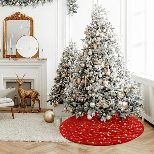 Christmas Tree Skirt Velvet Red 48 inch Large Soft Christmas Tree Mat with Gold Star Pattern for Indoor Outdoor Xmas Holiday Party Decoration