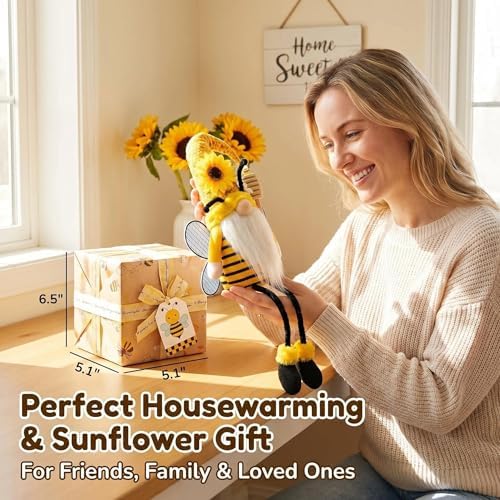 Lovinland Spring Decorations for Home, Office, Indoor - Yellow Honey Bumble Bee Sunflower Plush Gnomes Doll - Summer Gnome Gifts for Women - Bee Stuffed Sitters for Shelf Decor (Spring-Bee)