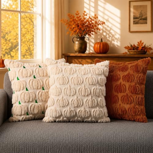 DFXSZ Fall Pillow Covers 16x16 2Pcs Beige Pumpkin Fall Decorations for Home