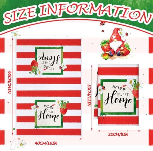 Sratte 6 Pcs Strawberry Kitchen Towels Gnome Summer Hand Towel, 24x16 Inch