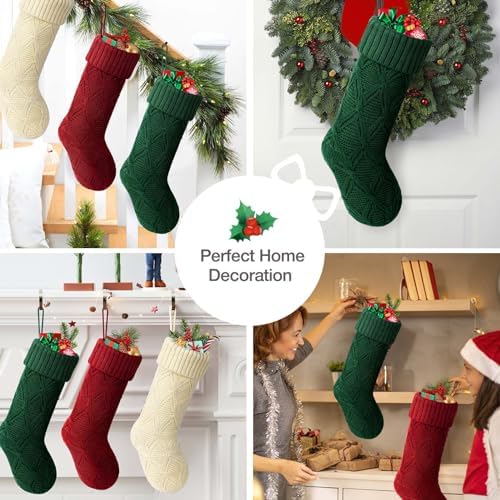 Hommtina Christmas Stockings, Personalized Christmas Stockings 18 Inches Large Size Cable Knitted Stocking Gifts (Style 2 6pcs White&red&Green)