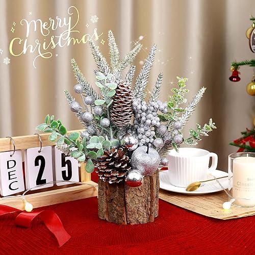 Small Christmas Tree Tabletop Artificial Mini Christmas Tree Decorations with Holiday Ornaments Red Berry Pine Cone Greenery for Home Indoor Fireplace Mantel Xmas Decor (Tree Stump-Silver)