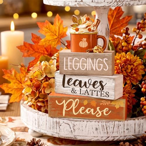 Lineshading 4 Pcs Fall Table Decor, Leaves Lattes Coffee Wooden Blocks Sign
