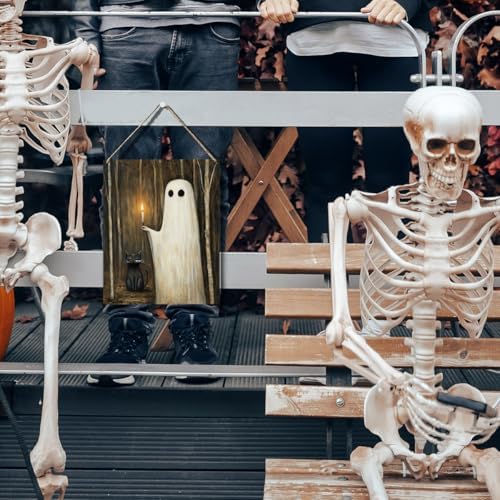 Cute Halloween Decorations Indoor - Funny Ghost & Black Cat Wooden Hanging Sign - Farmhouse Home Shower Room Decor