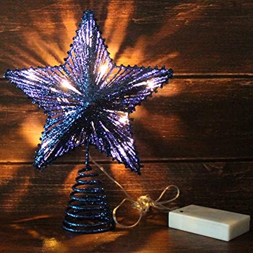 CVHOMEDECO. Blue Glittered 3D Tree Top Star with Warm White LED Lights and Timer for Christmas Ornaments and Holiday Seasonal Décor, 8 x 10 Inch