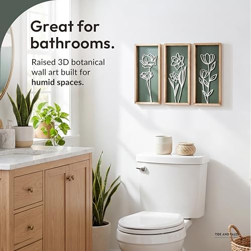 Tide and Tales 3d Green Wall Art, Wooden Botanical Wall Decor, Set of 3
