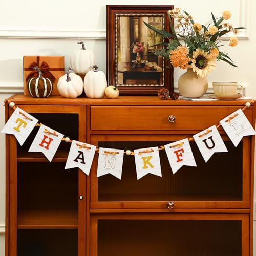 Marsui 5 ft Thanksgiving Banner Wooden Mantel Decor Thankful Banner Fireplace Garland Thanksgiving Rustic Farmhouse Decor for Harvest Party Home Indoor Fireplace Wall Celebration Shelf Display
