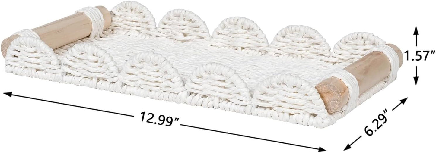 Scalloped Decorative Tray w/Wood Handle for Counter / Cream / 13 x 6.3 x 1.6