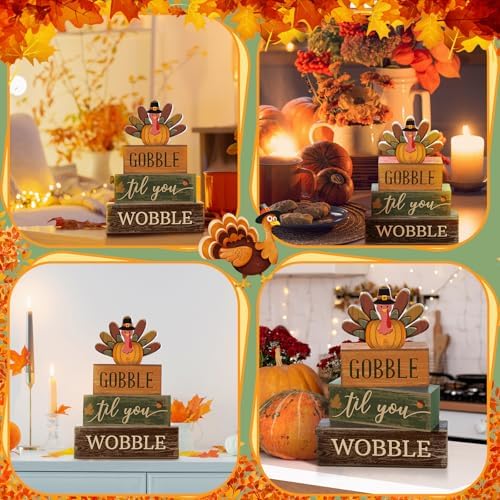 Lineshading 4 Pcs Fall Table Decor Thanksgiving Turkey Wooden Block Signs