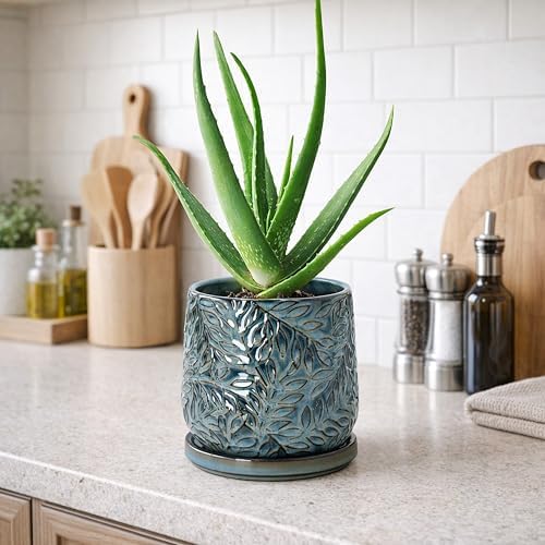 D'vine Dev Embossed Leaves Ceramic Planter, 5 in, Ocean Teal, 27-A-V-8