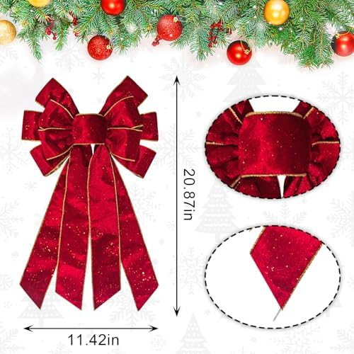 Hying Large Christmas Bows for Wreath, Glitter Red Velvet Wreath Bow Xmas Holiday Tree Topper Bows Ornaments for Front Door New Year Christmas Party Decoration Supplies