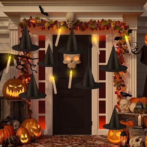 80 Pcs Halloween Hanging Witch Hats and Taper Floating Candles Set
