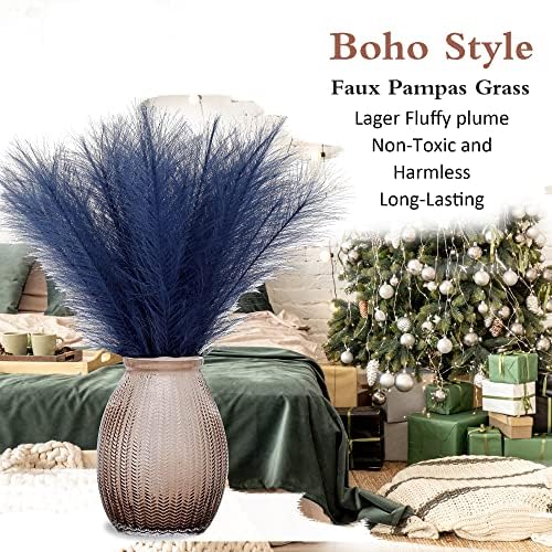 30PCS Navy Blue Faux Pampas Grass 17" for Vase Filler Decor