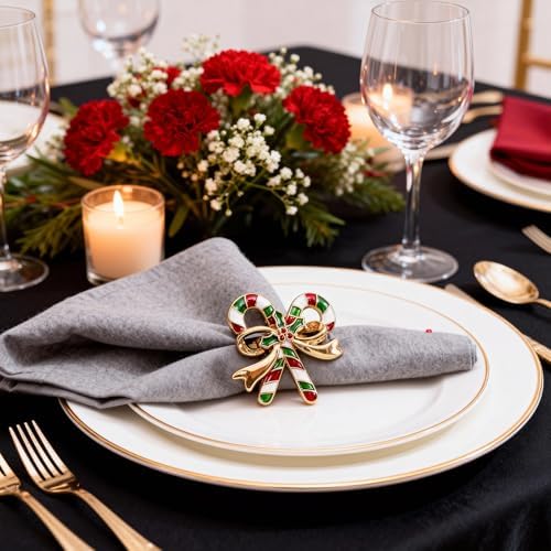 Alloy Candy Cane Bow Napkin Rings (8-Set Pack) - Dinner Napkin Holder & Festive Tabletop Topper for Holiday Table Decor