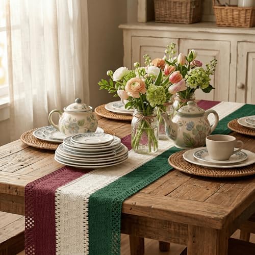Artoid Mode Green Beige Red Farmhouse Rustic Table Runner 12x108 Inch