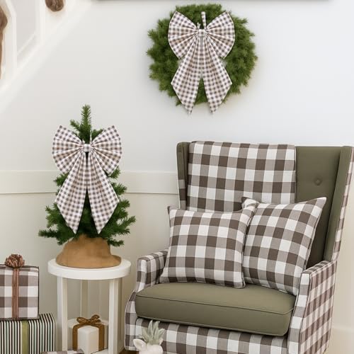 Suncalla 2 Pcs Beige Brown Christmas Gingham Wreath Bows 18'' x 12''