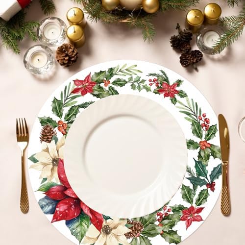 50 Pack Christmas Paper Placemats Disposable Poinsettia Place Mats 13.4 Inch Red Green Christmas Flower Decorative Round Table Mats for Xmas Winter Birthday Wedding Baby Shower Party Supplies
