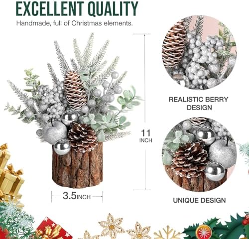 hatisan Small Christmas Tree,Artificial Christmas Tree with Christmas Ornaments Pine Cone Berry,Tabletop Christmas tree for Christmas Decorations Home Room Party Winter Indoor Outdoor (Silver-Round)