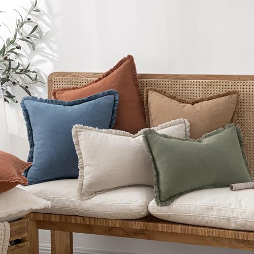MIULEE Linen Fringe Decorative Lumbar Throw Pillow Covers Blue Ashes 12x20