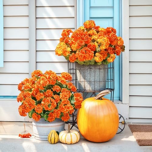Fake Geraniums Artificial Flowers for Outdoors Fall Autumn Decoration, 6 Bundles Silk Geraniums UV Resistant Look Real Orange Faux Flowers Plants for Front Door Garden Planter Patio Balcony Yard Home