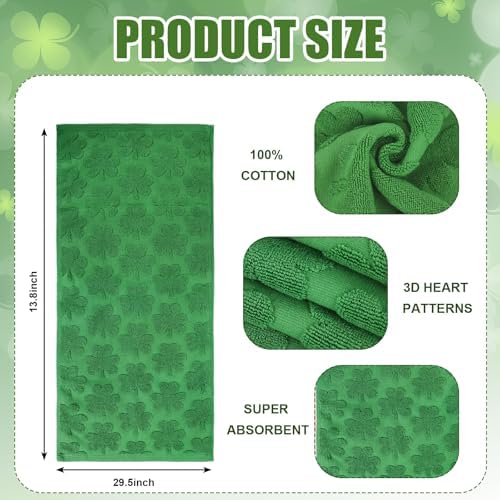 Whaline 3 Pcs St. Patrick's Day Hand Towel 3D Jacquard Cotton Towel Absorbent Green Shamrock Clover Dish Towels for Irish Holiday Kitchen Bathroom, 13.8 x 29.5 Inch