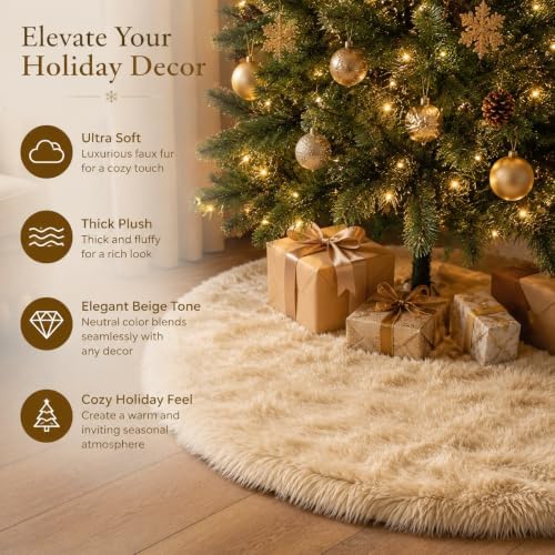 AISENO 60 Inch Christmas Tree Skirt - Beige Faux Fur Plush Holiday Decor for Xmas Tree, Festive Party, Home Decorations