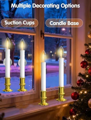 4 Pack Christmas Window Candle Lamps, Battery Operated Window Candle Lights with Automatic Timer and C26 3V LED Bulbs Candlestick for Indoor Windows Table Decor, 4 Suction Cups