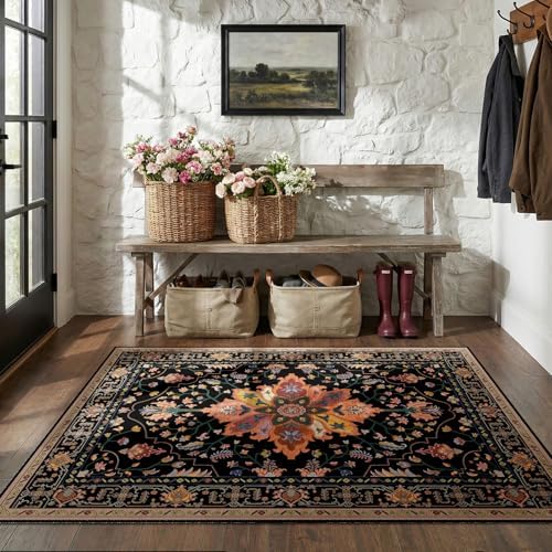 RELEANY Washable Area Rug, 4'x6', Black/Colorful