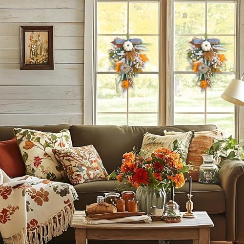 2PCS Fall Teardrop Swags 20inch Thanksgiving Wreath, Eucalyptus Berries Pumpkins Lamb Ears Leaves Autumn Wreaths for Front Door, Fall Decor, Porch Wall, Home Outdoor Holiday Decorations (C)