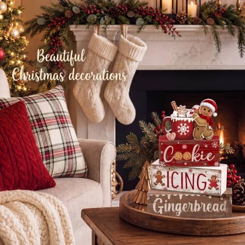 Moucuny 4 Pcs Christmas Table Decor Wooden Gingerbread Cocoa Block Signs