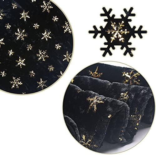 Christmas Tree Skirt Black 48 Inch Faux Fur with Gold Glitter Snowflake Soft Fluffy Tree Skirt for Christmas Party Decoration, Black Gold Snowflake