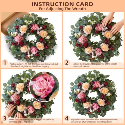 WANNA-CUL 24 Inch Pink Champagne Rose Spring Wreath for Front Door
