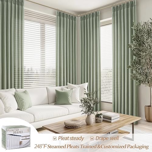 Extra Long Sage Green Thick Linen Sheer Curtains 108 Inches Long for Sliding Glass Door, Lush Decor Pinch Pleated