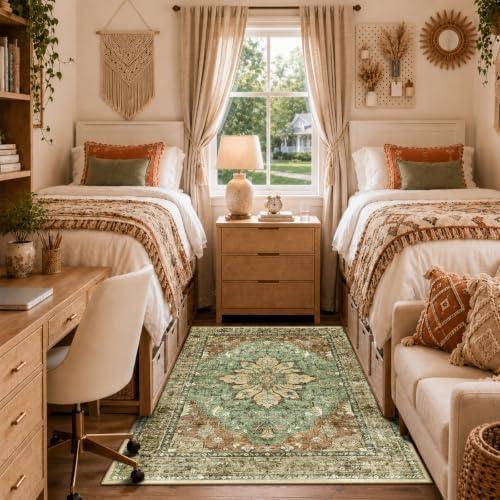 RELEANY Washable Area Rug, 4'x6', Brick/Brown/Green