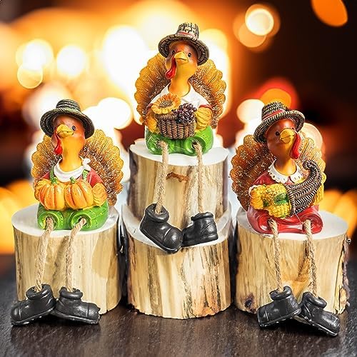 NEROSUN Thanksgiving Tabletop Decor, 3 Pack Resin Turkey Figurines Fall Decor for Autumn Indoor Home Desk Shelf Decorations
