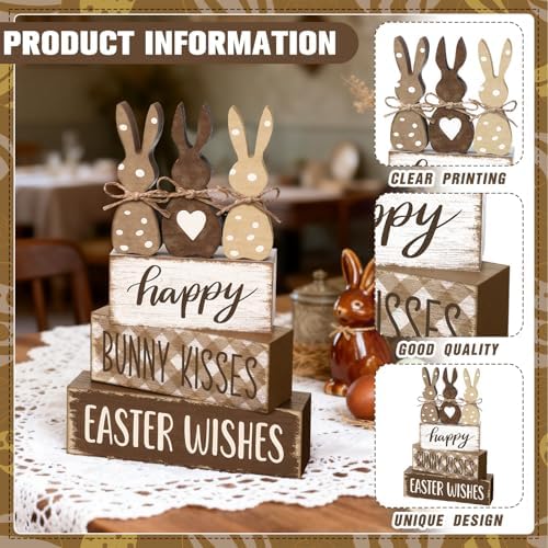 Yousoontic 4 Pcs Rustic Easter Bunny Wooden Table Decorations, Spring Farmhouse Rabbit Tiered Tray Sign Country Table Top Centerpiece Decorative for Home Entryway Office Desk Mantel Room Decor, Gift