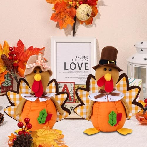 BWFY 2PC Thanksgiving Plush Turkey Couple Doll, Hand Filled Desktop Decoration, Autumn Harvest Pilgrimage Turkey Decoration Home and Desktop Cute Ornaments