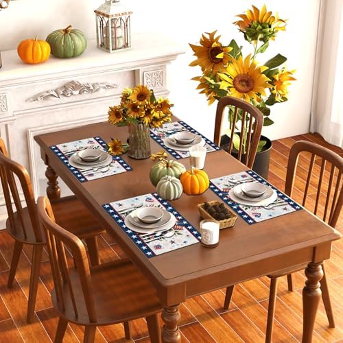 Memorial Day Patriotic 4th of July Placemats Set of 4,Red White and Blue Flowers Table Decor Veterans Day Independence Day Decorations and Supplies for Home Kitchen Table-12×18''