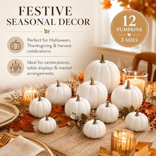 12-Pack Artificial White Mini Pumpkins in 3 Sizes for Fall Decorations