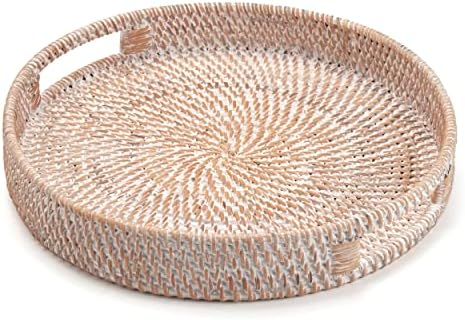 Round Rattan Serving Tray Decorative Woven Ottoman Trays / 11.8 / Whitewash / White / 11.8 x 2