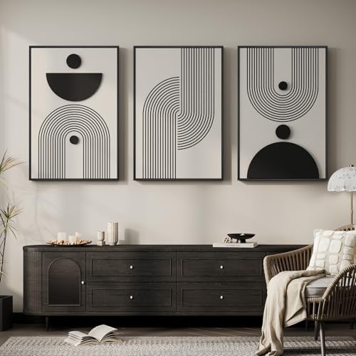 3D Large Framed Black and White Abstract Wall Art for Living Room, 3 Piece