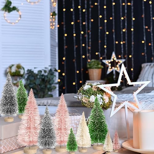 8pcs Mini Christmas Tree, Artificial Bottle Brush Trees with Wood Base, Tabletop Miniature XmasTrees with 4 Small Christmas Wreath, Fake Xmas Tree Ornament, White Christmas Tree for Christmas Décor